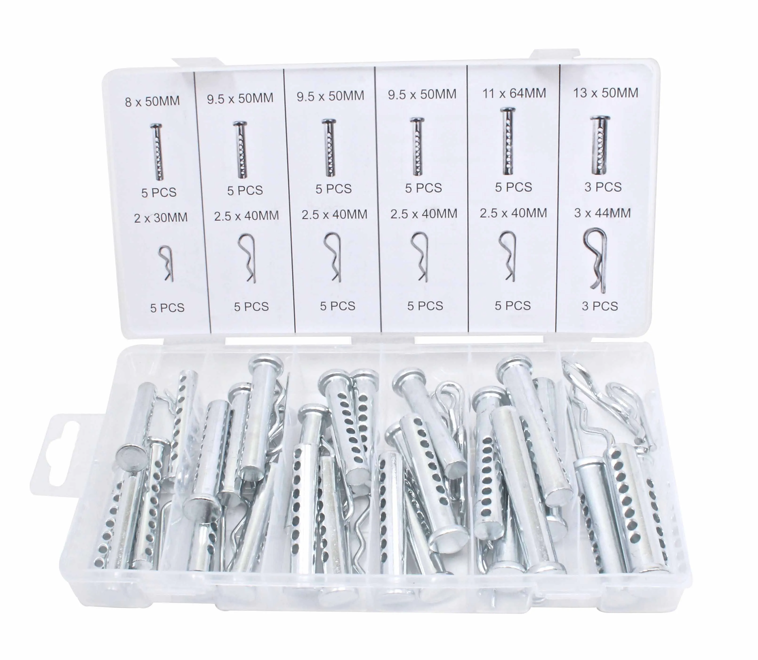 Overhead shot of open storage box with metal slotted pins and labeled lid panels listing sizes and piece counts.