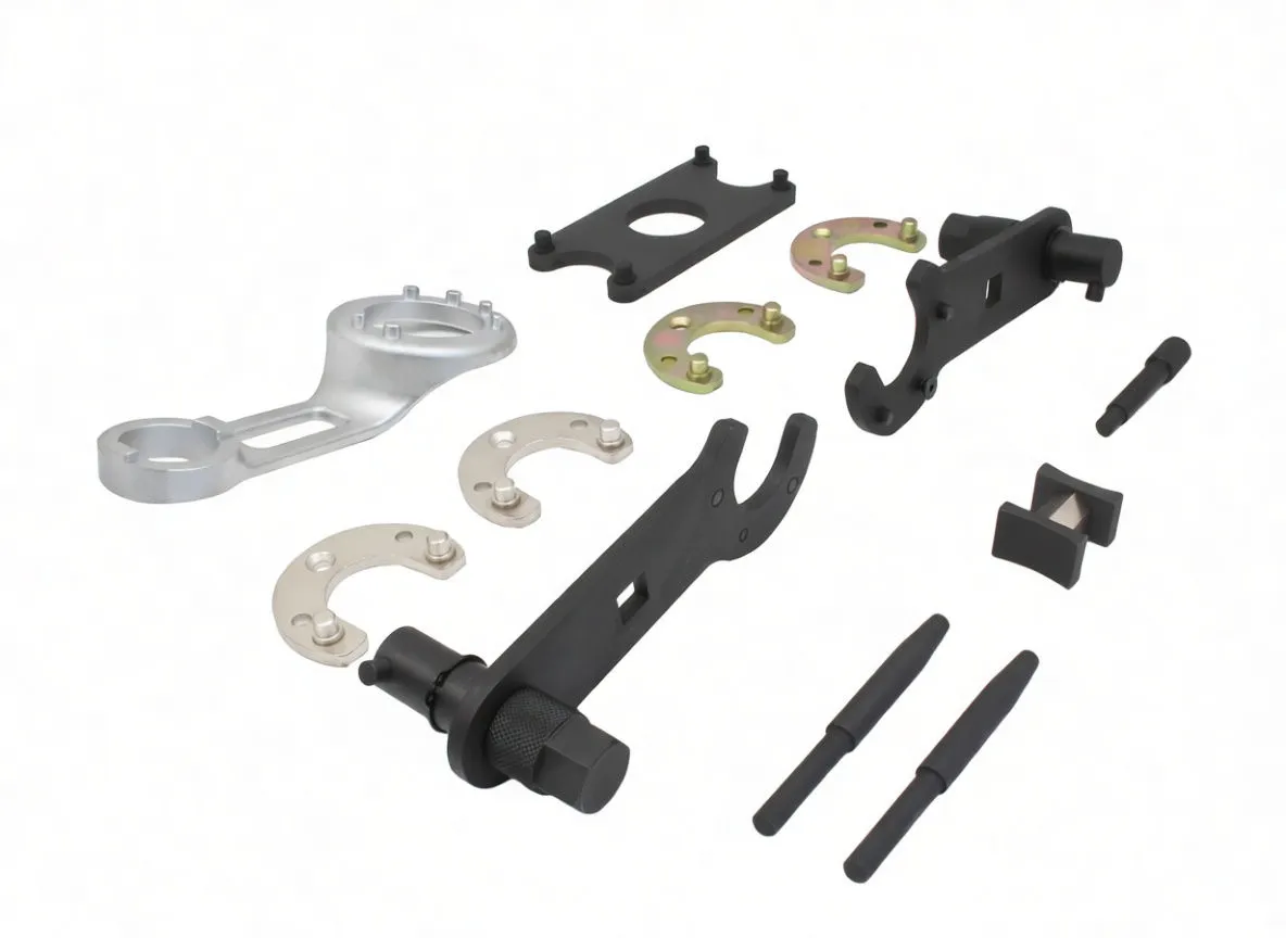 Top view of open tool case showing crescent cam plates, silver alignment ring, black locking arms and locating pins