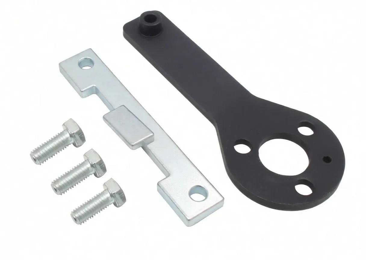 angled perspective of ASTA A-90002 black locking spanner, silver stamped alignment plate with raised tab, and three hex bolts