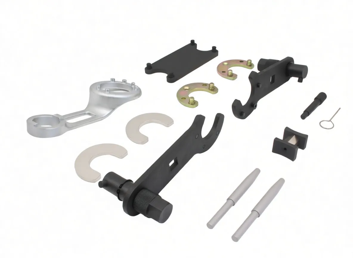 Individual locking tool components laid out: silver spanner, crescent clamps, black arms, pins and small bracket on white background