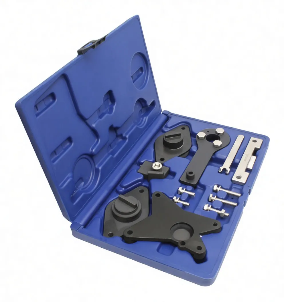 Angled view of blue carrying case with automotive timing locking tools including black plates, spanner arm, metal bars and bolts, and a yellow instruction sticker.