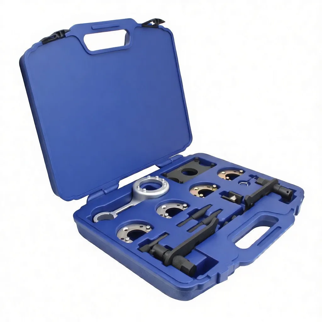 Angled view of blue case with locking tool set showing black locking bars, semicircular plates and silver alignment ring