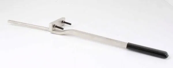 Angled view of polished metal tension lever with forked end and two posts, angled shaft and black handle sleeve on white background.