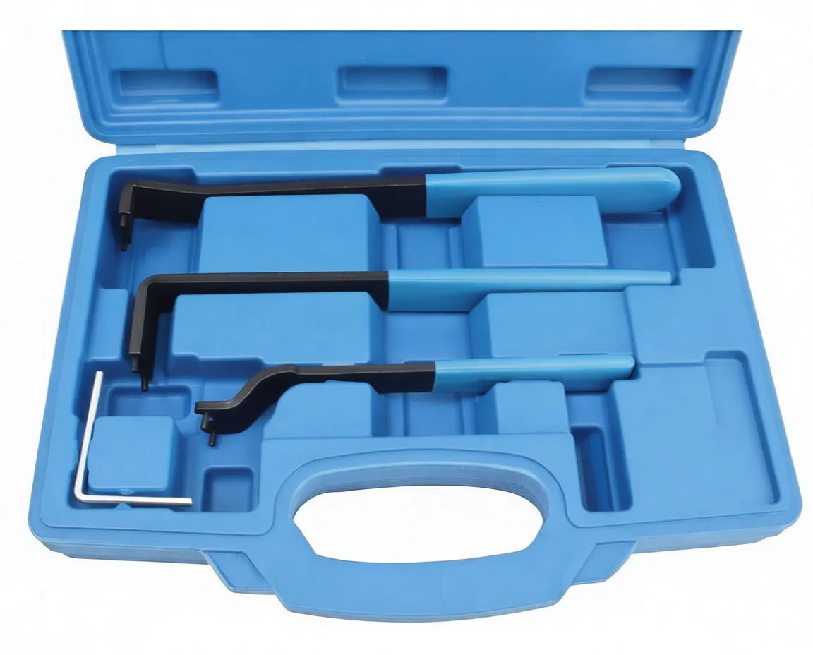 Close-up inside case showing three L-shaped black tools with blue handles and small wire pins