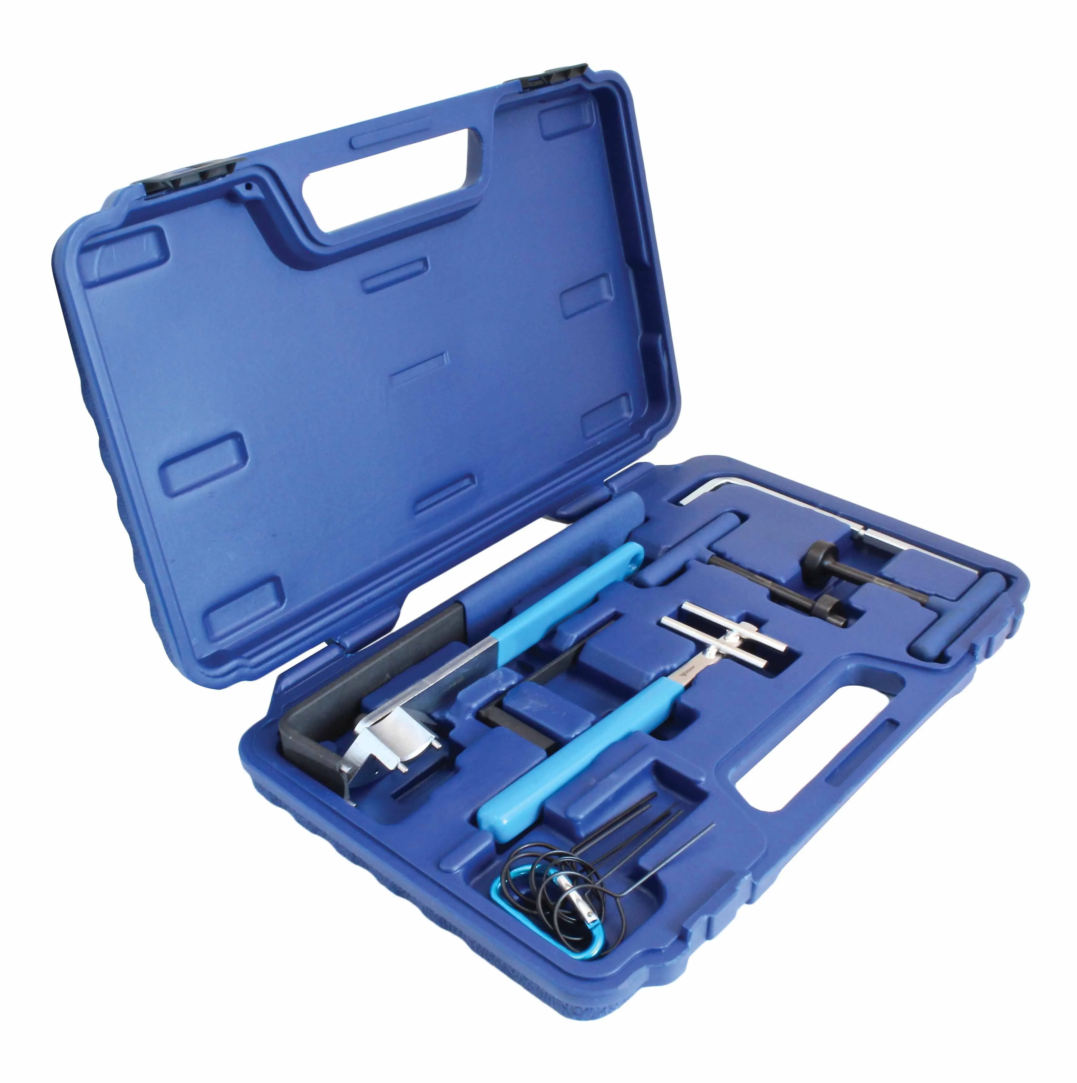 Angled shot of open blue tool case with cam belt tensioning tools arranged in molded compartments