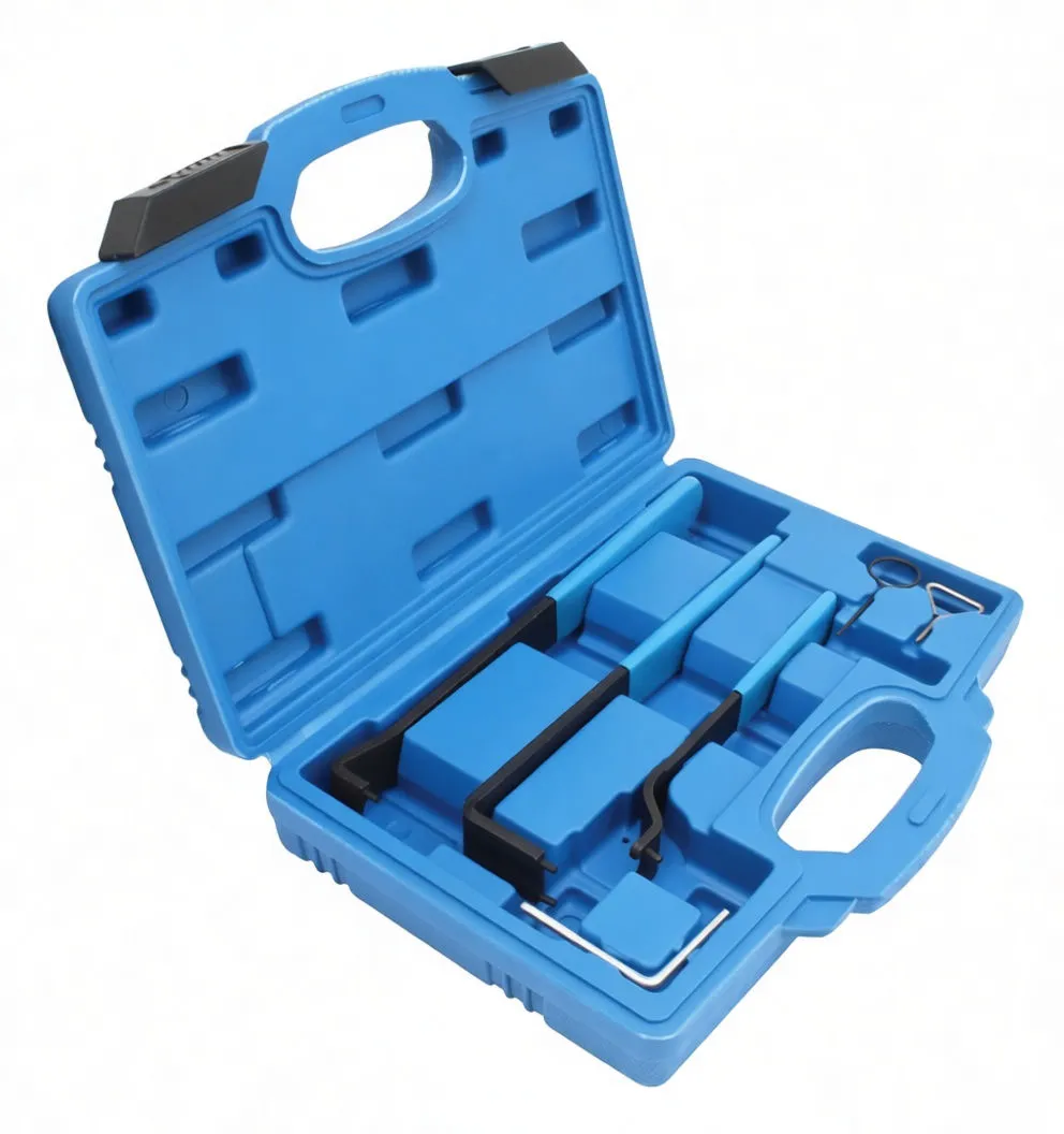 Angled shot of blue tool case containing three L-shaped tensioner tools, clips and hex key
