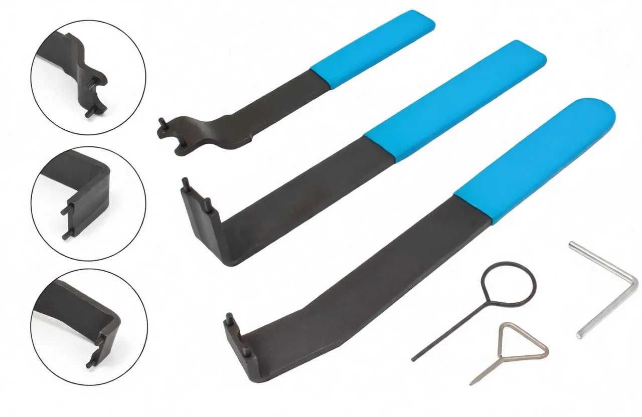 Detail view of three L-shaped timing tools with close-ups of pronged tips and small accessory pins