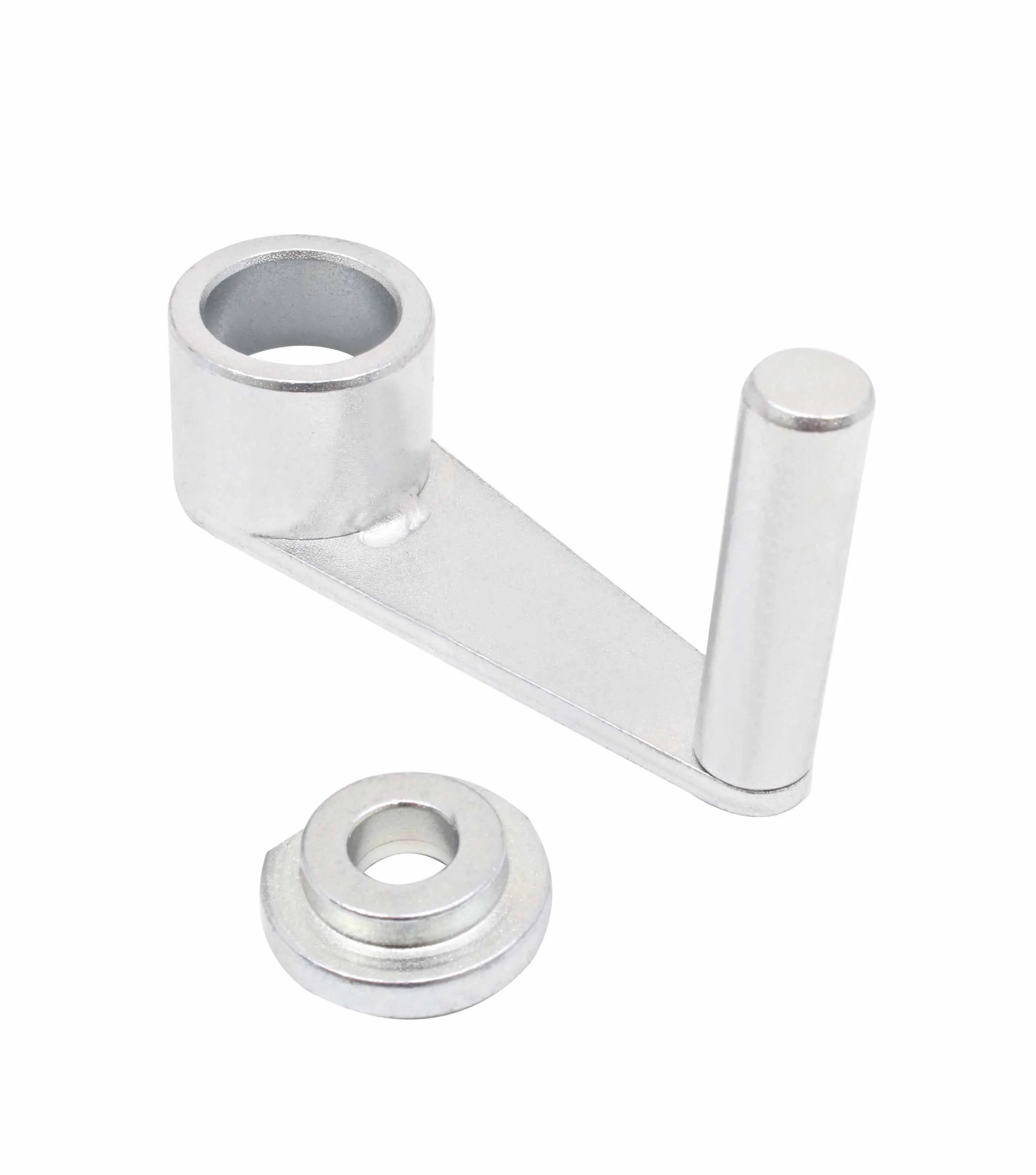Top view of aluminum belt tensioner lever with hollow socket, upright peg, and separate stepped washer on white background.