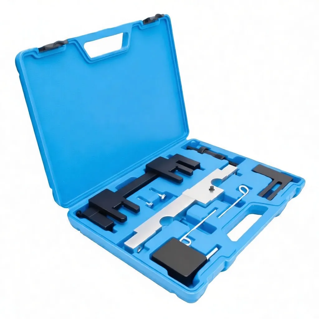 Tools removed from case: silver machined locking bar, black clamp, threaded puller, looped pins, bolts and hex key laid out on white