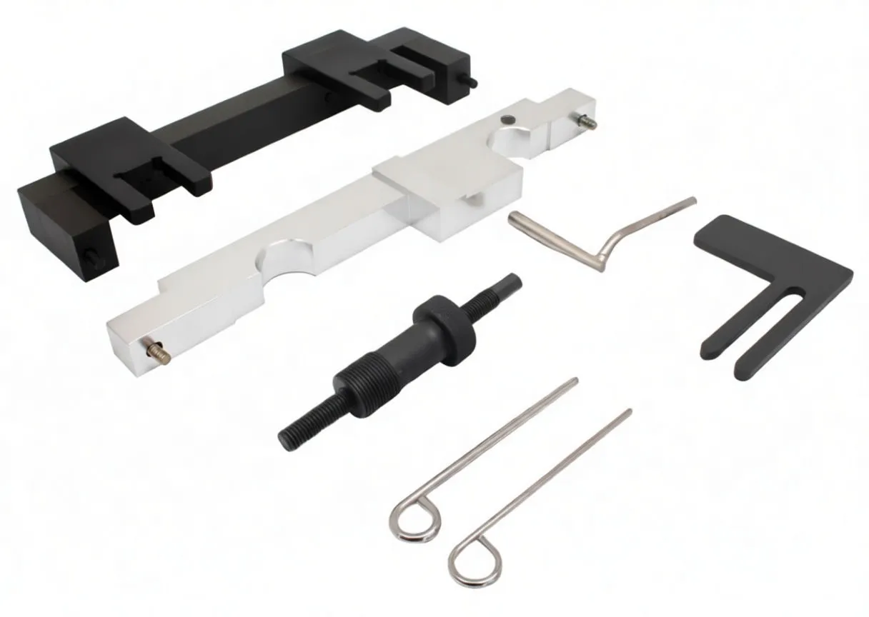 Individual components laid out: black cross bar, silver locking bar, threaded bolt, fork plate and two looped pins