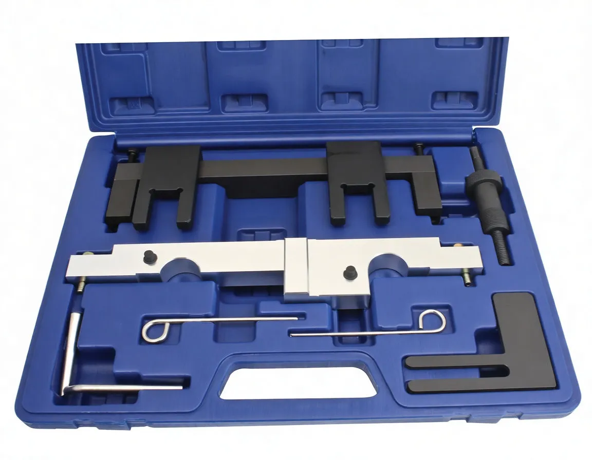 Close-up of locking kit in molded blue case showing threaded tensioner, black blocks and silver locking bar