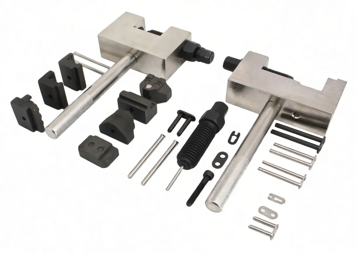 Timing chain tool set components on white background: two stainless clamps, multiple black adapter blocks, alignment pins, clips, boot and fasteners, some parts marked with sizes and a brand name.