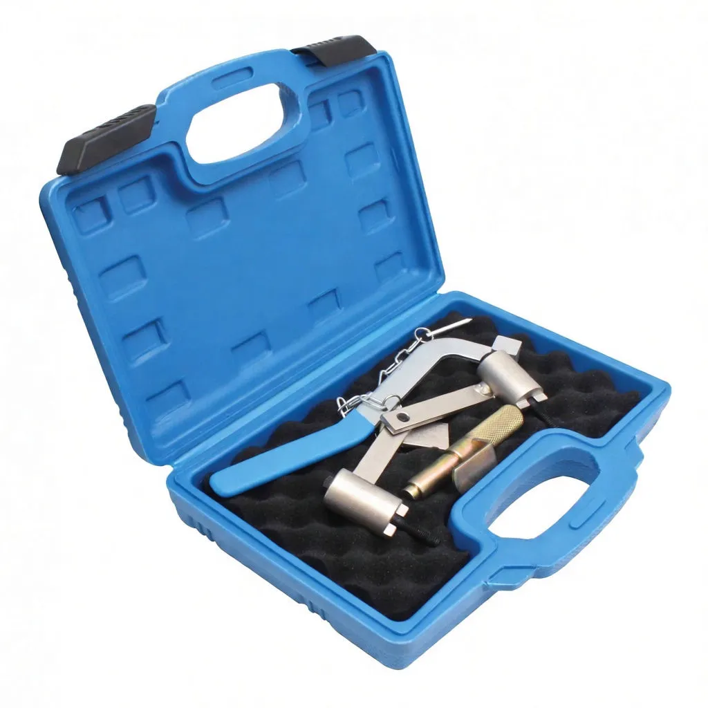 Angled open blue case showing timing lock tools: blue-handled lever, steel bracket with two collars, and brass locator pin