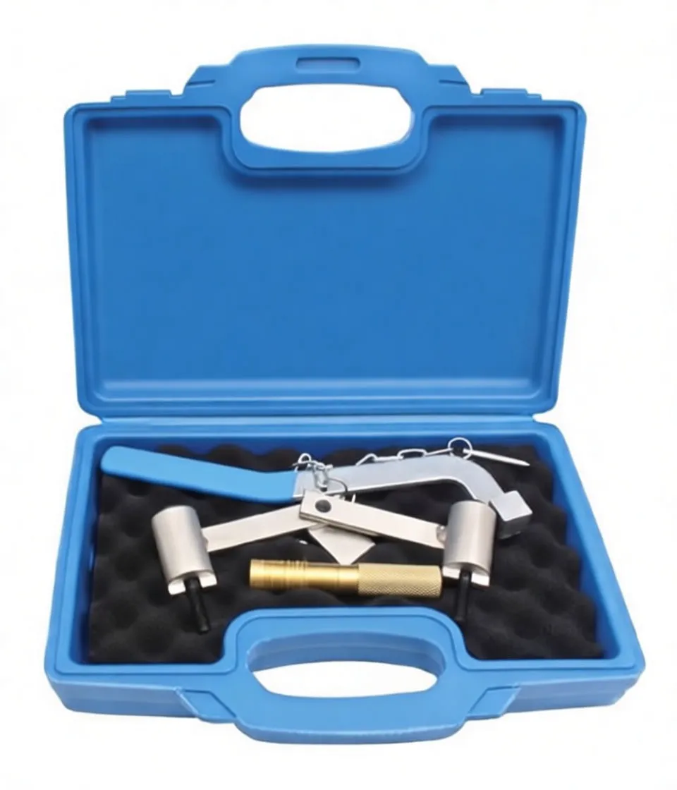 Close-up of timing lock parts: crossed steel arms with cylindrical sleeves and studs, knurled brass alignment pin, and blue-handled lever, white background