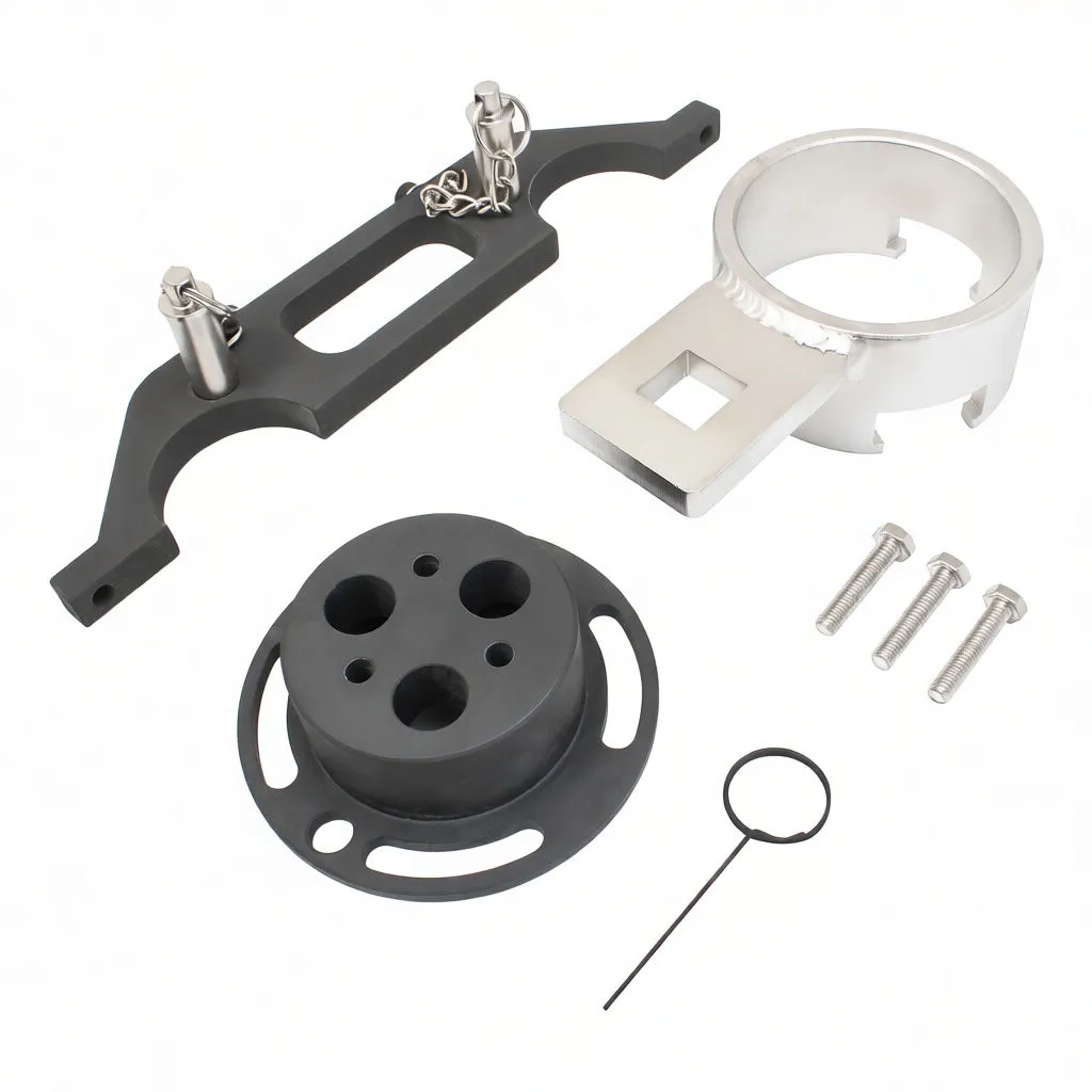 Tools removed from case: black bridge bar, silver ring marked ASTA A-8166, round adapter, three bolts and pull pin