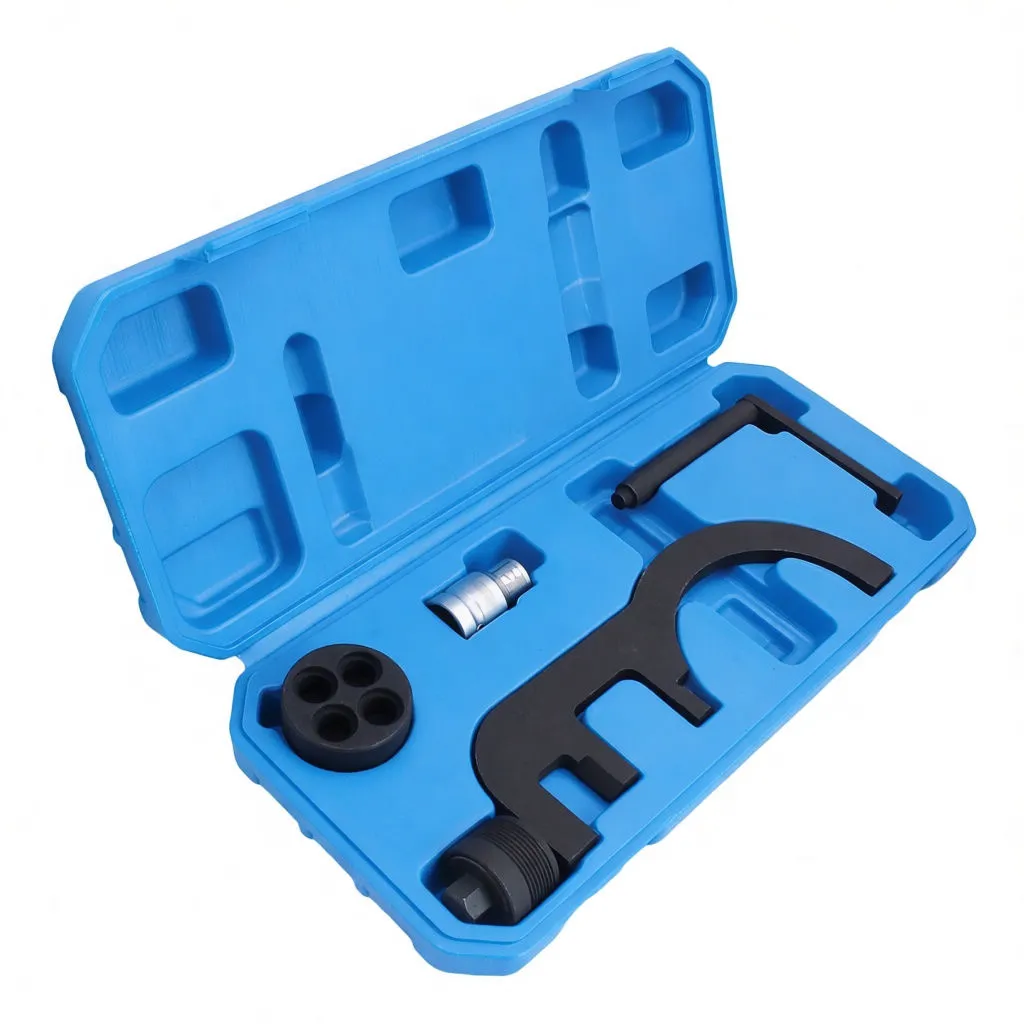 Angled perspective of blue timing tool case showing black arced locking bracket stamped 'saltra S-8153', round four-hole adapter, chrome socket and L-shaped pin, plus yellow instruction label in lid.