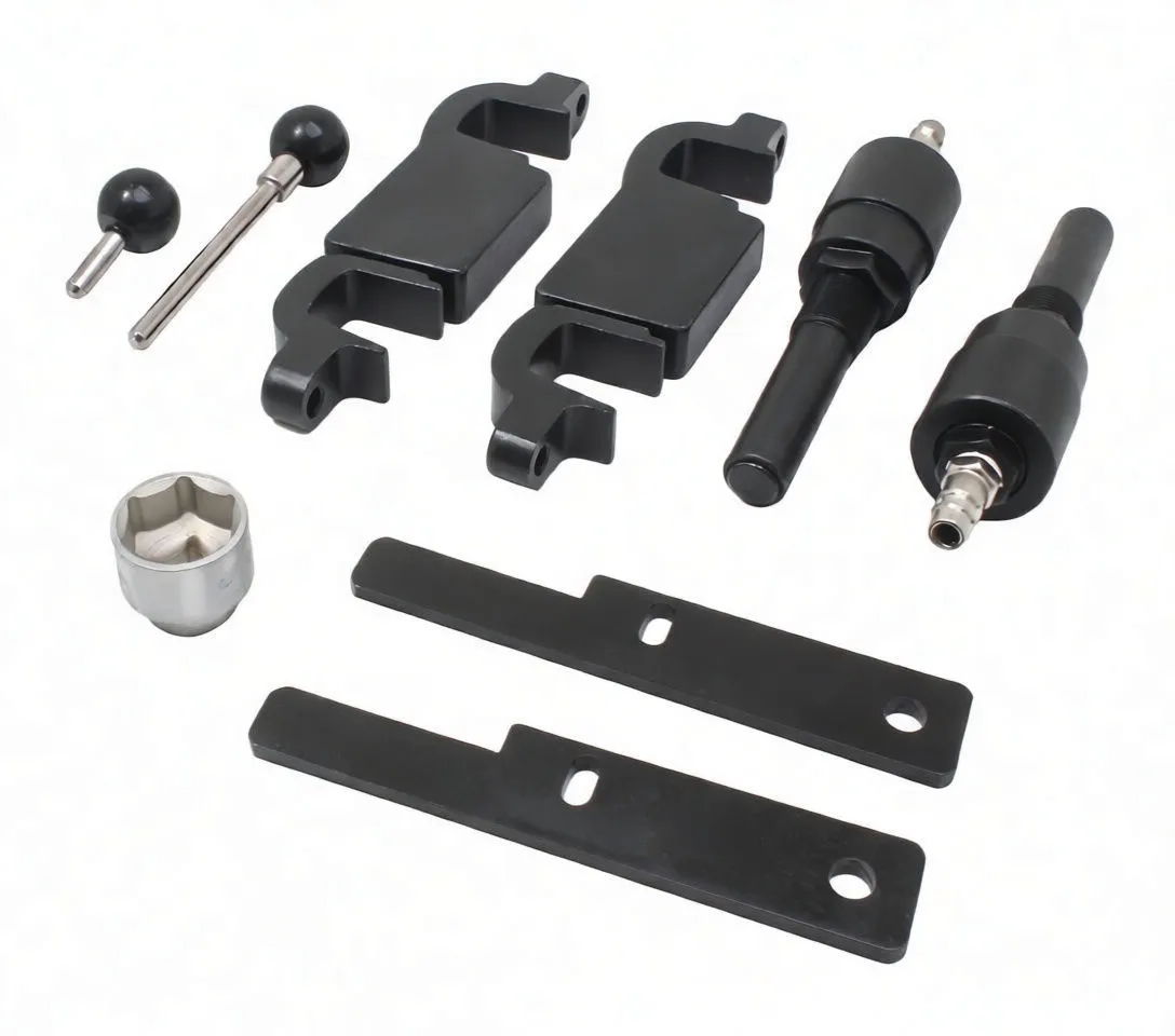Individual timing lock components on white background: clamps, cylindrical adapters, socket, ball pins and slotted bars