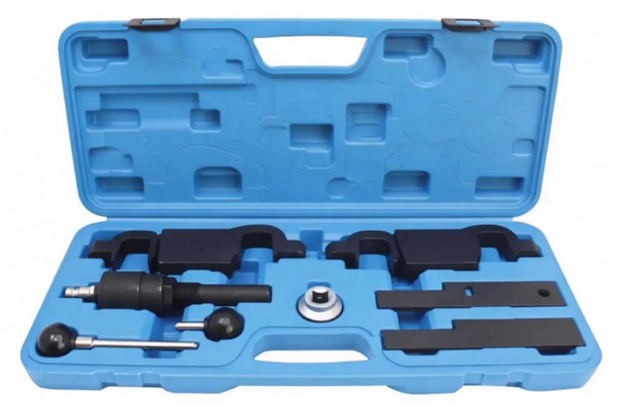 Angled shot of blue case with black timing fixtures, flat bars, cylindrical adapter and yellow label inside lid