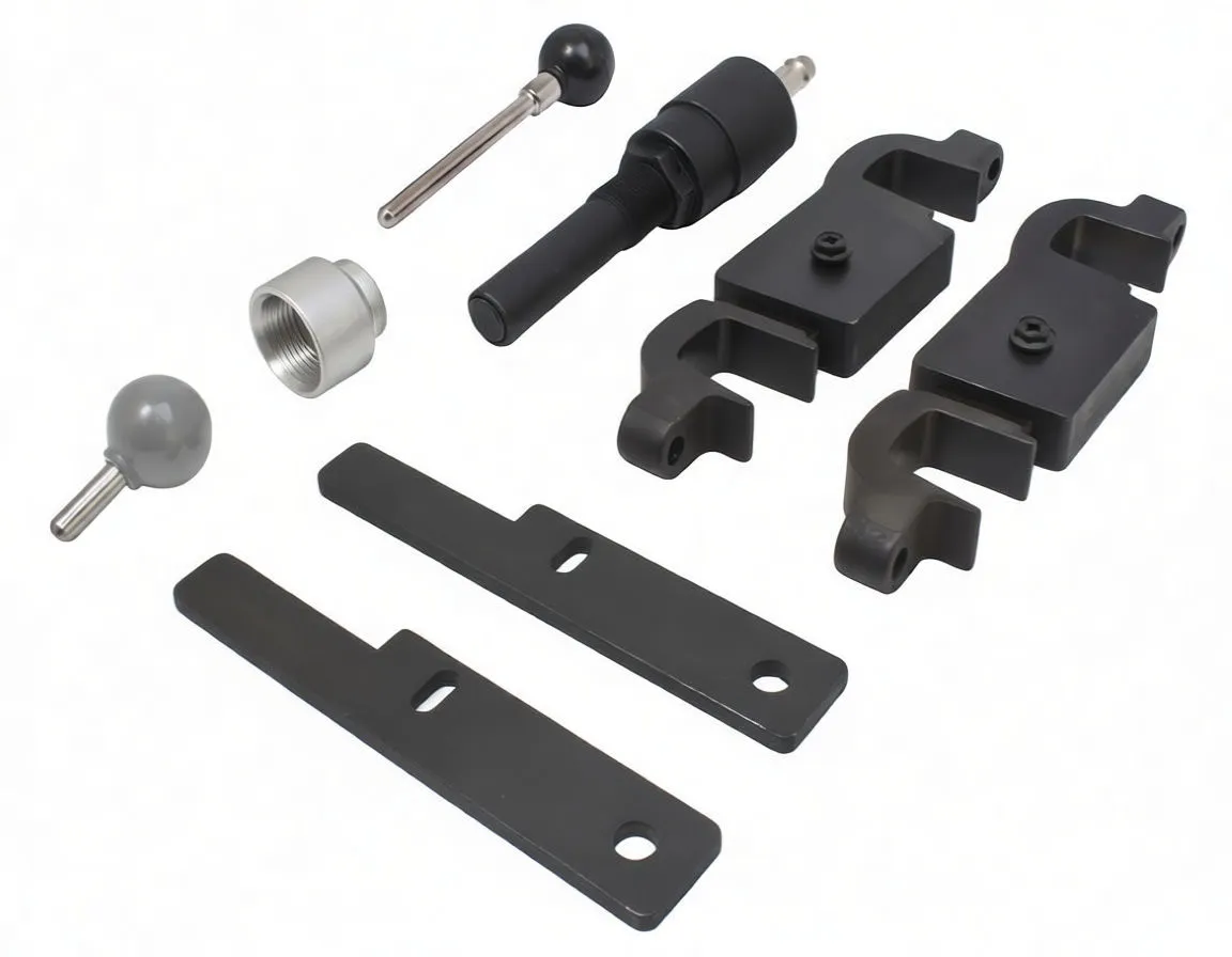 Individual timing lock tools on white background: flat bars, clamp pieces, cylindrical adapter, silver socket and ball pins