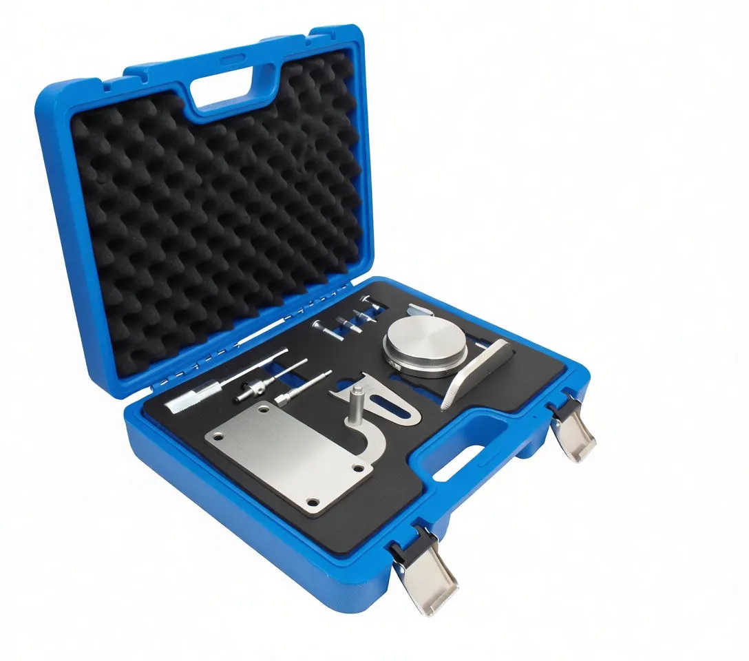 Side-angle view of open blue timing tool case showing machined aluminium brackets, pins, bolts and a knurled driver in foam