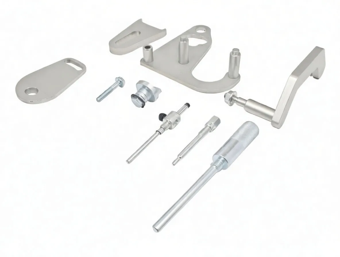 Individual timing kit components on white background: brackets, locating pins, bolts, locking disc and driver shaft
