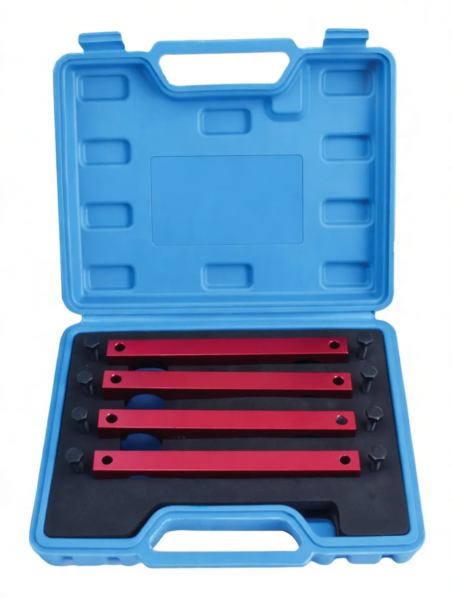 Angled view of an open blue case with four red timing bars and black pins resting in a foam insert, plus a yellow instruction label inside the lid.