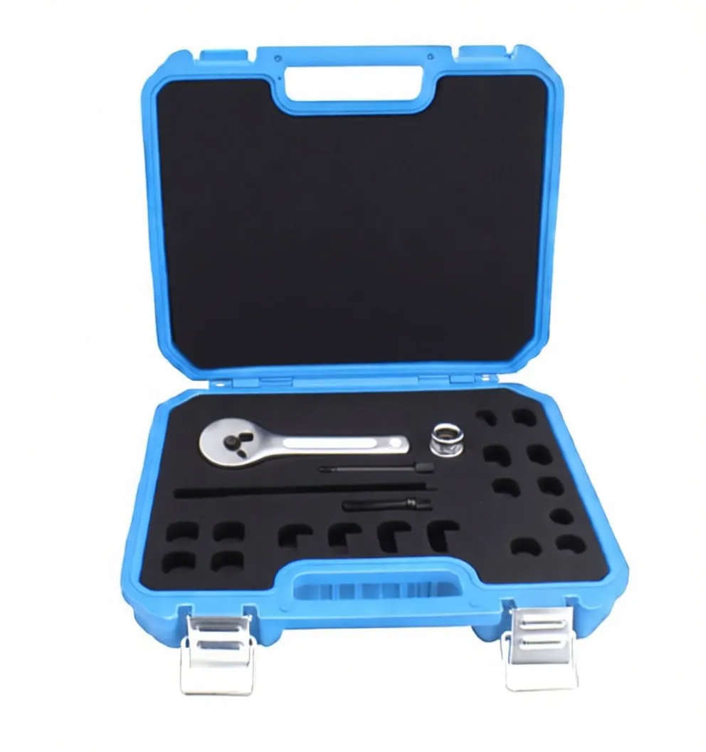 Angled shot of blue case with timing tool components: silver wrench, sockets, bolts and black alignment pieces
