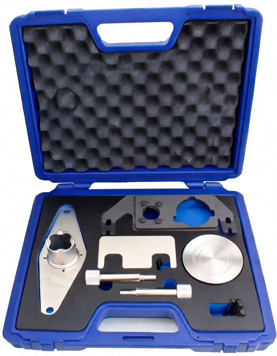 Top-down view of open blue tool case showing timing tool pieces: triangular flange, rectangular plate, knurled pins, circular adapter plate, black bracket and small bolts.