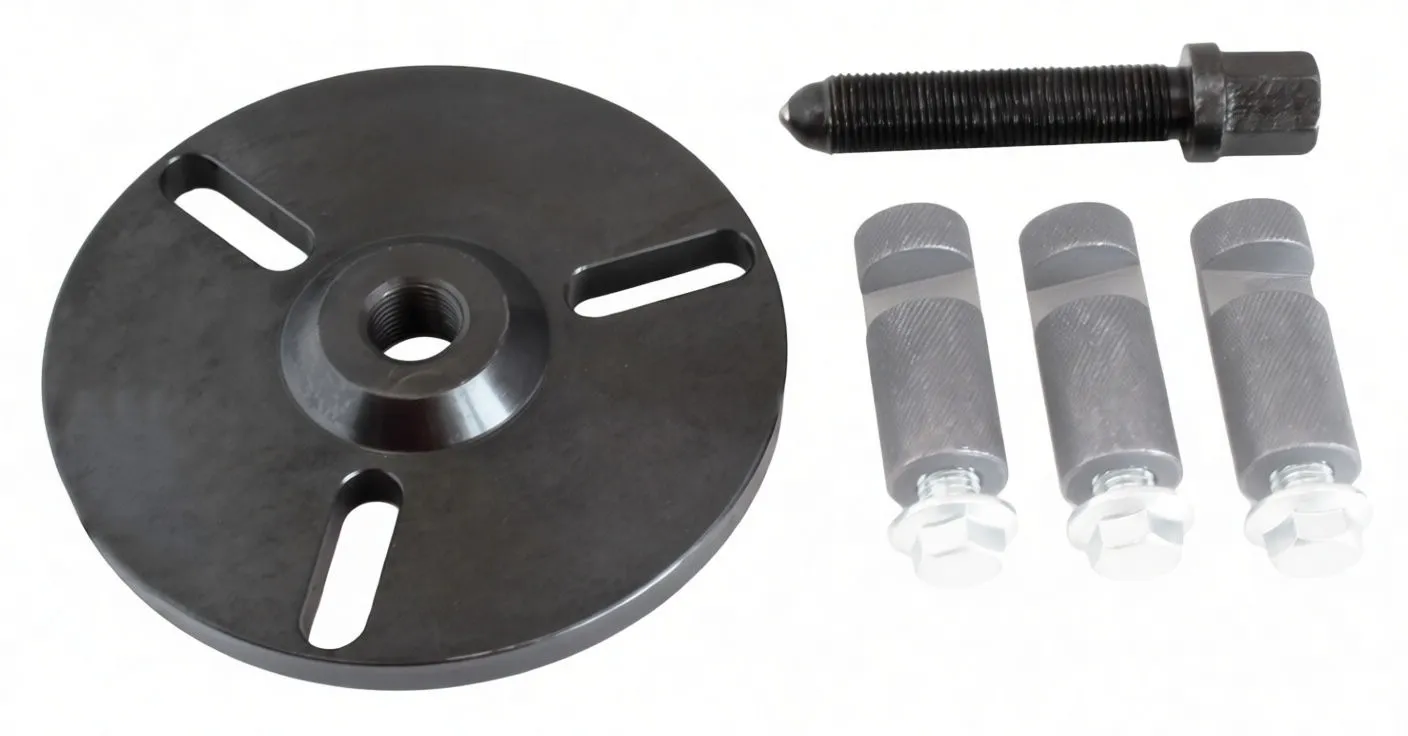 Close-up of puller plate, three adapter pins with nuts and a long threaded bolt; plate stamped 'satra S-1054-3'