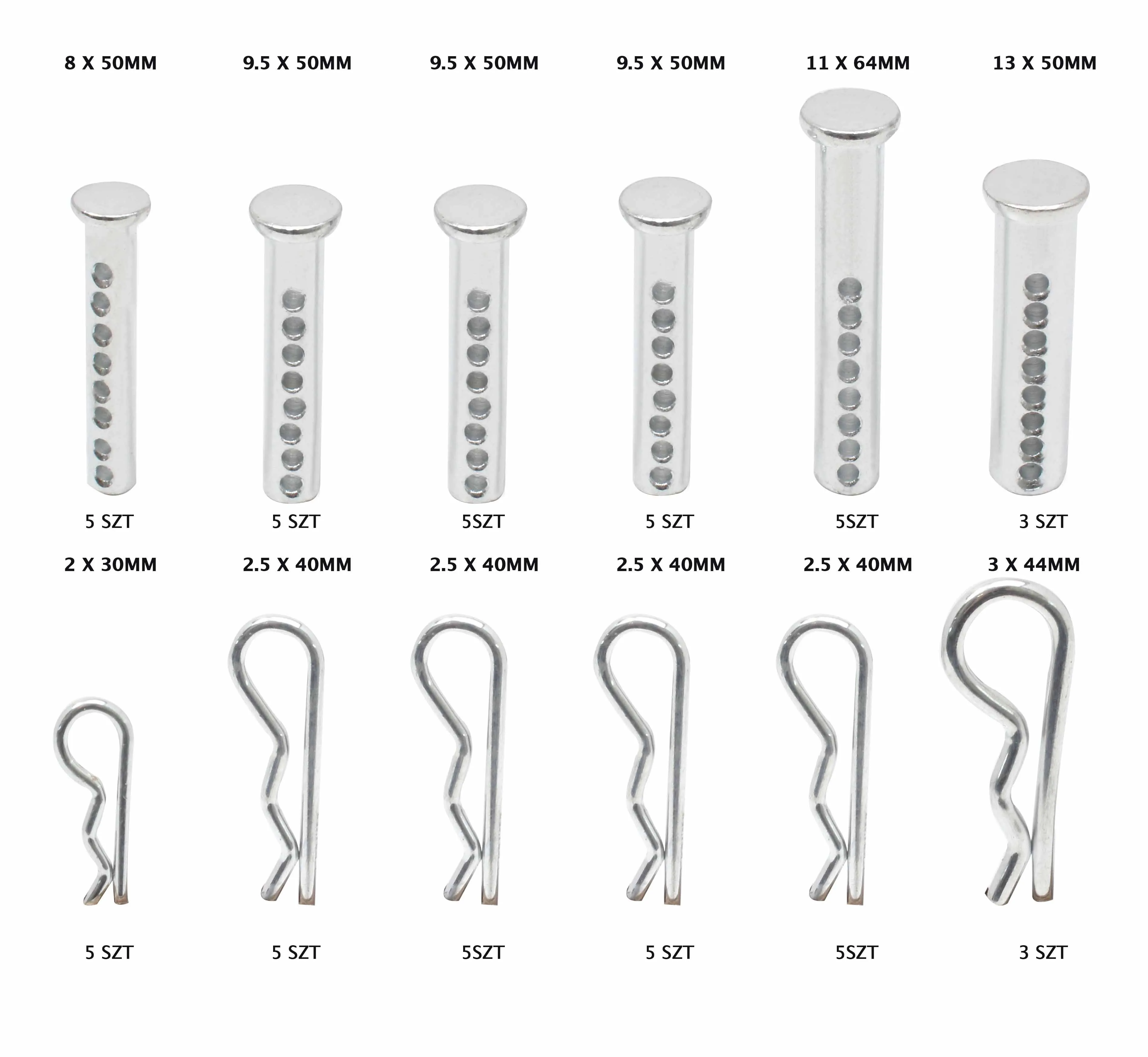 Diagram listing pin and clip sizes with quantity markings, showing silhouettes of each component.