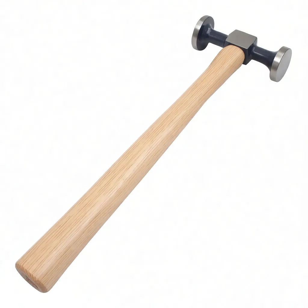 Full-length tinsmith's hammer with 'GENUINE HICKORY' stamped on the wooden handle and dual-headed metal striking faces