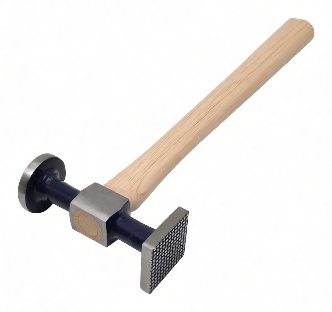 Angle view of tinsmith's hammer showing textured square peen and polished round face, hickory handle.