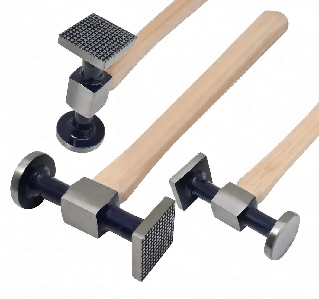 Two tinsmith hammers overlapping, showing checker square face, serrated face, round faces, and wooden handles.