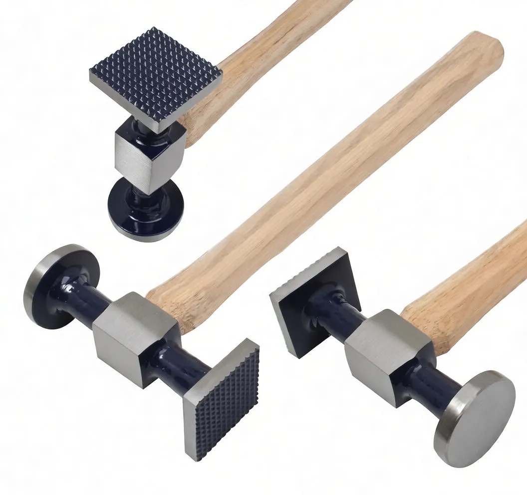 Three angled views of tinsmith's hammers showing textured square face, smooth round face, cubic boss with stamp and wooden handles