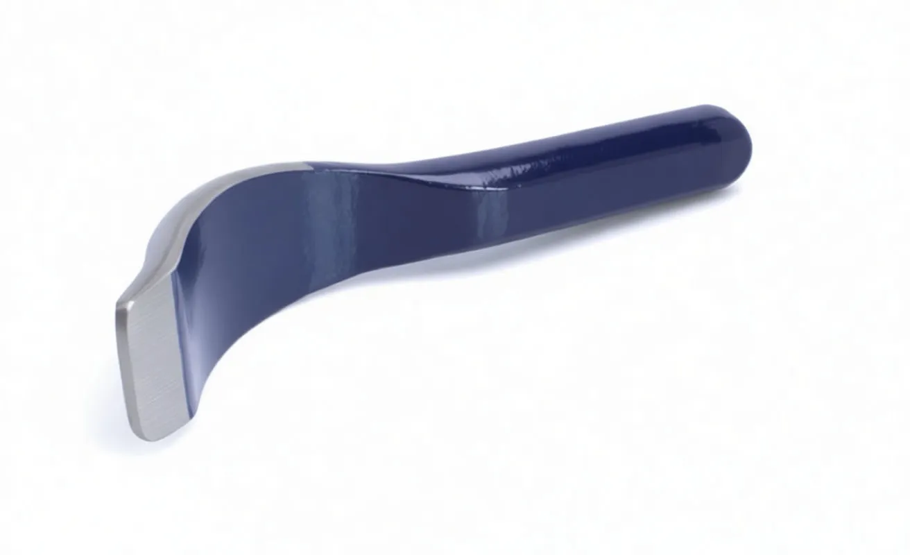 View of curved inner blade showing barcode sticker and warning label on the bend, blue handle extending away.
