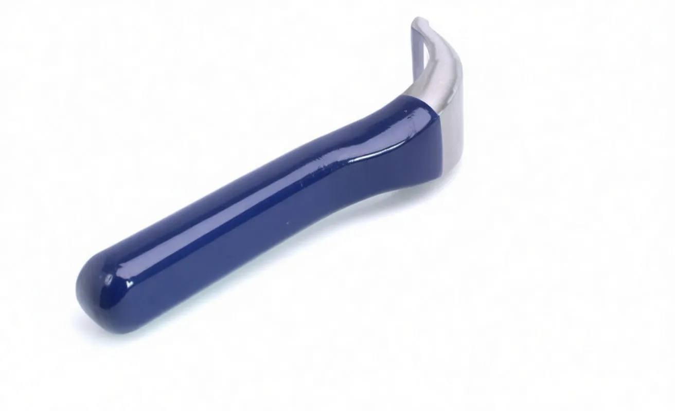 Oblique rear view of hooked steel tip and glossy blue handle, showing notch and rounded handle end.