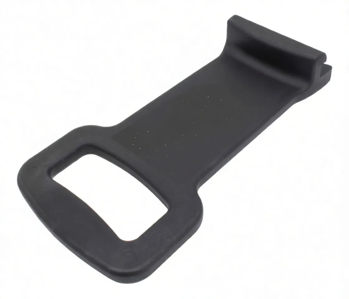 Top view of black tire bead hold-down aid showing handle slot, curved lip and white 'satra' model marking