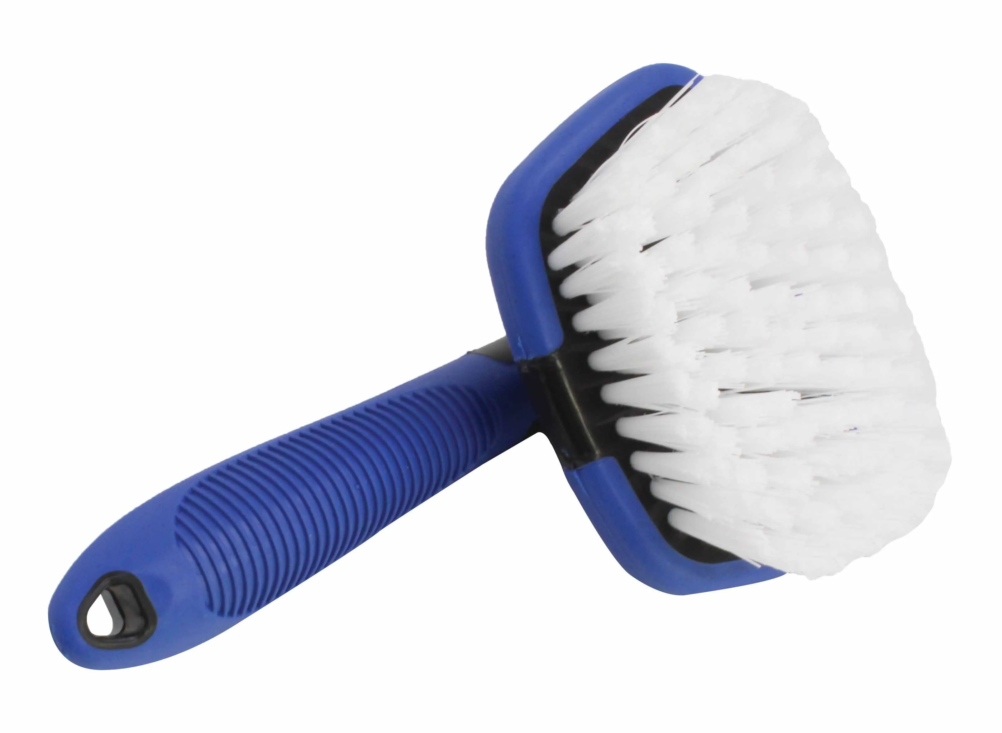Angled view of blue-handled contour scrub brush with white bristles and black core, showing hang hole