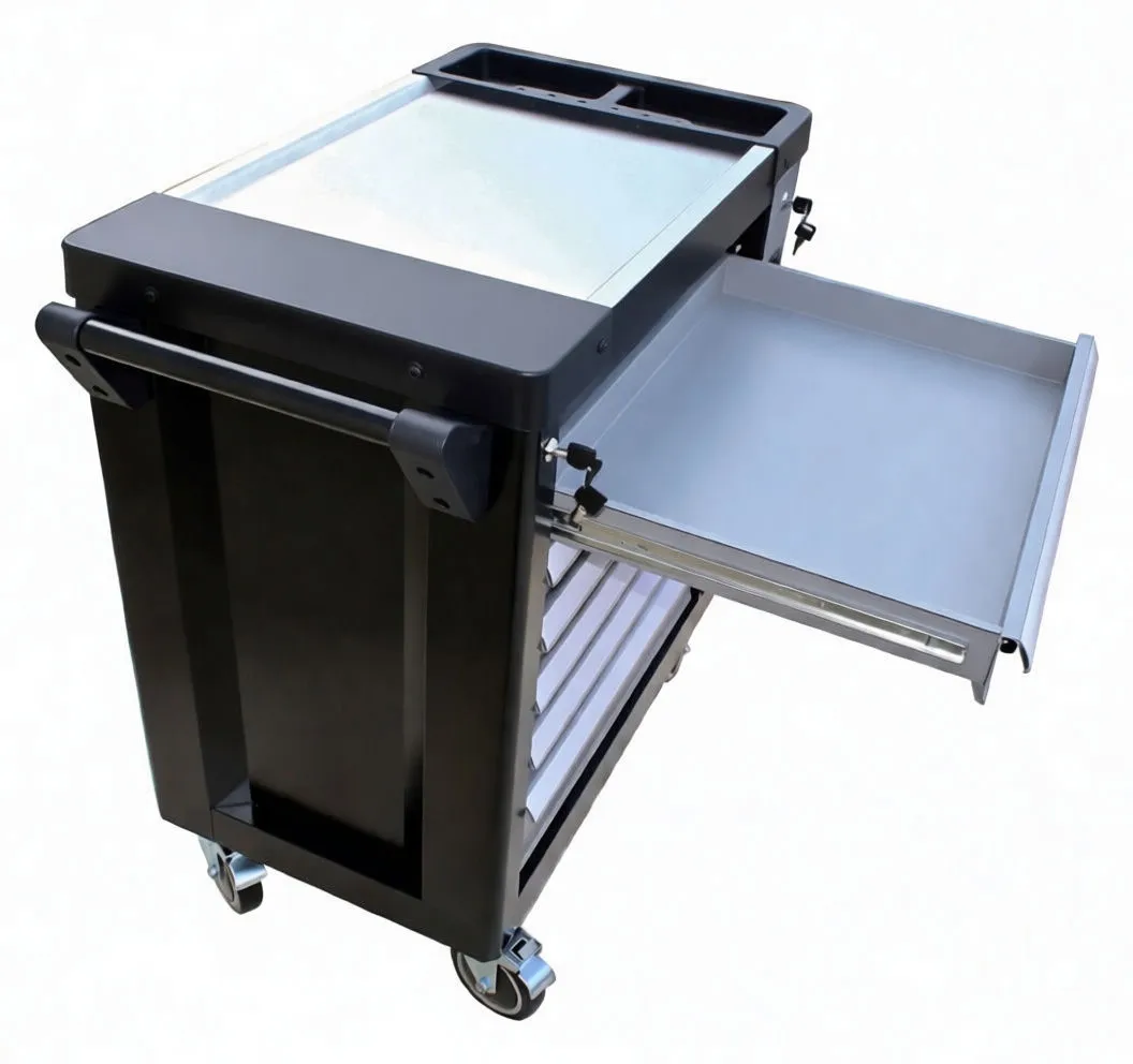 Multiple drawers partially open showing layered foam tool trays and exposed drawer slides of the cabinet.