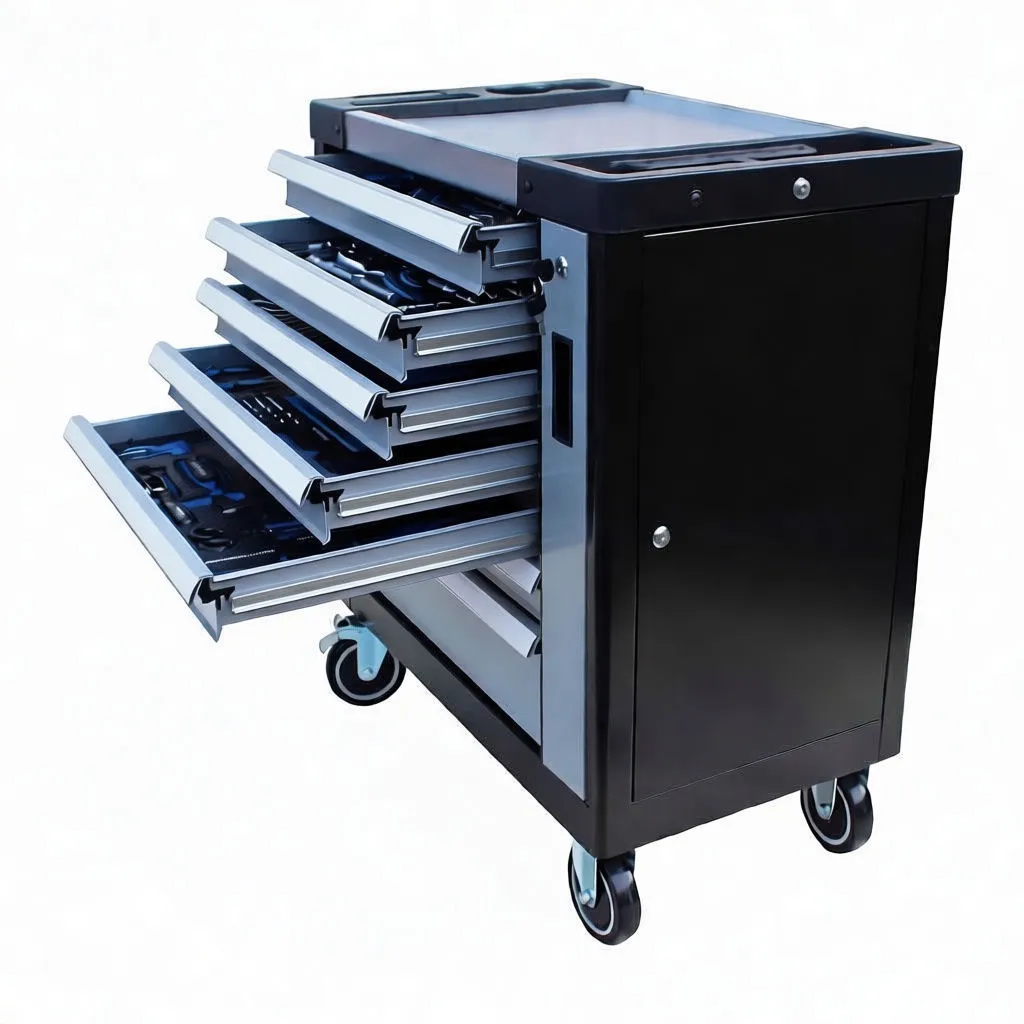 Rear-side view of tool cabinet with right-side locker door closed and multiple drawers open revealing tools.