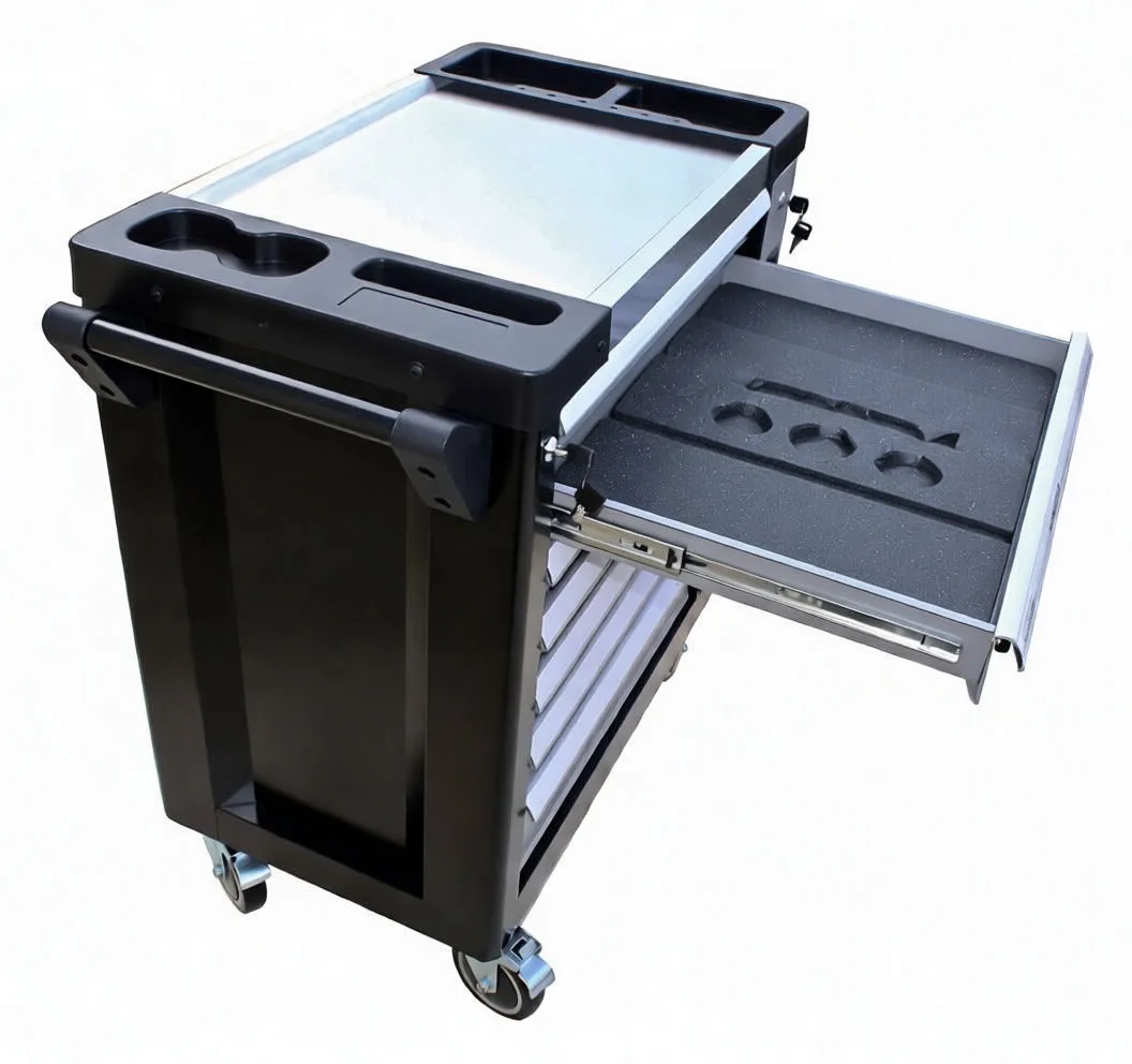 Composite image of the tool cabinet alongside detailed overhead views of the foam tray tool layouts (sockets, wrenches, screwdrivers, pliers).