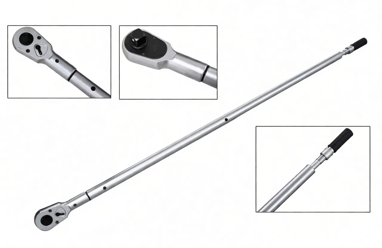 Full-length telescoping torque wrench with inset close-ups of the ratchet head, selector lever, and adjustable handle.