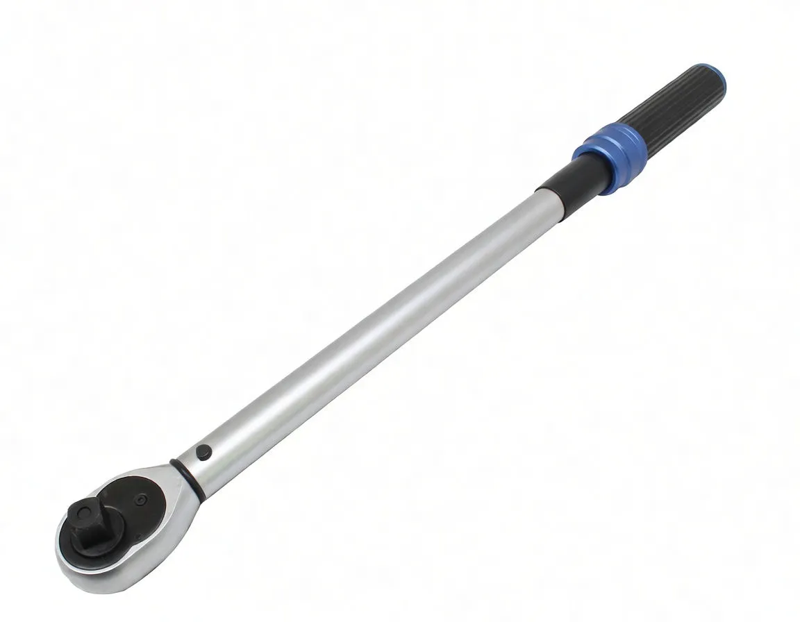 Angled view of torque wrench showing silver shaft, ratchet head and black ribbed handle