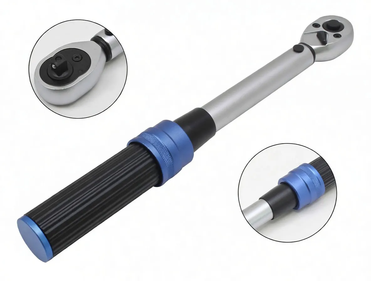Full-length view of torque wrench showing ratchet head, silver shaft, blue collar and black grip