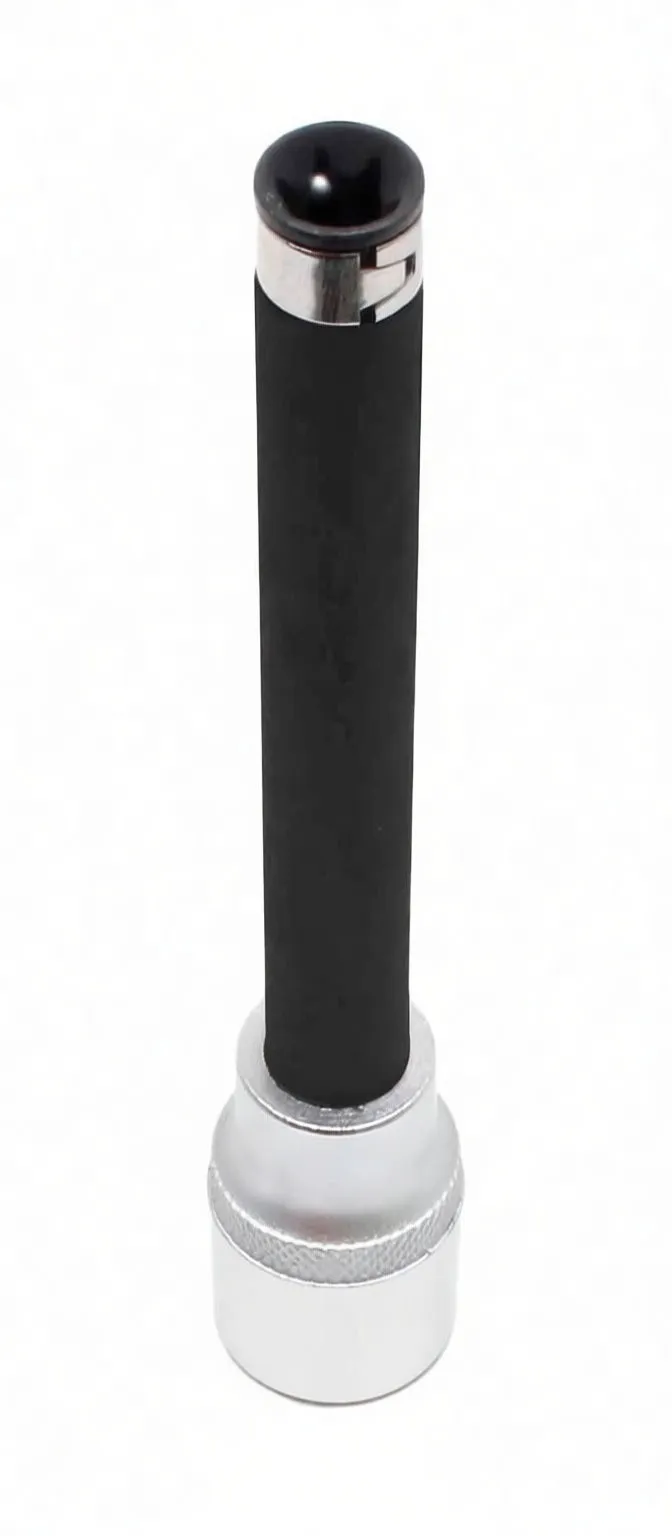 vertical top view of black-shaft Torx extension showing black tip cap with chrome retention collar and stamped socket base