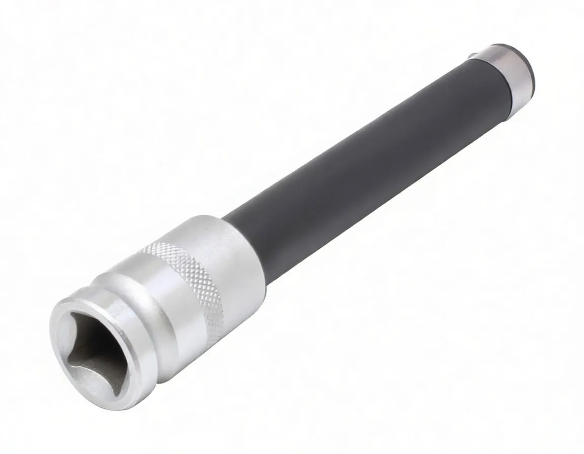Diagonal view of E12 1/2" socket showing knurled silver socket body with markings and black extension shaft