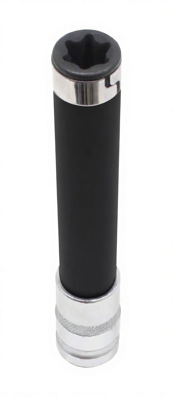 Top-down view showing Torx star recess at tip, black shaft and chrome knurled 1/2" drive base with markings