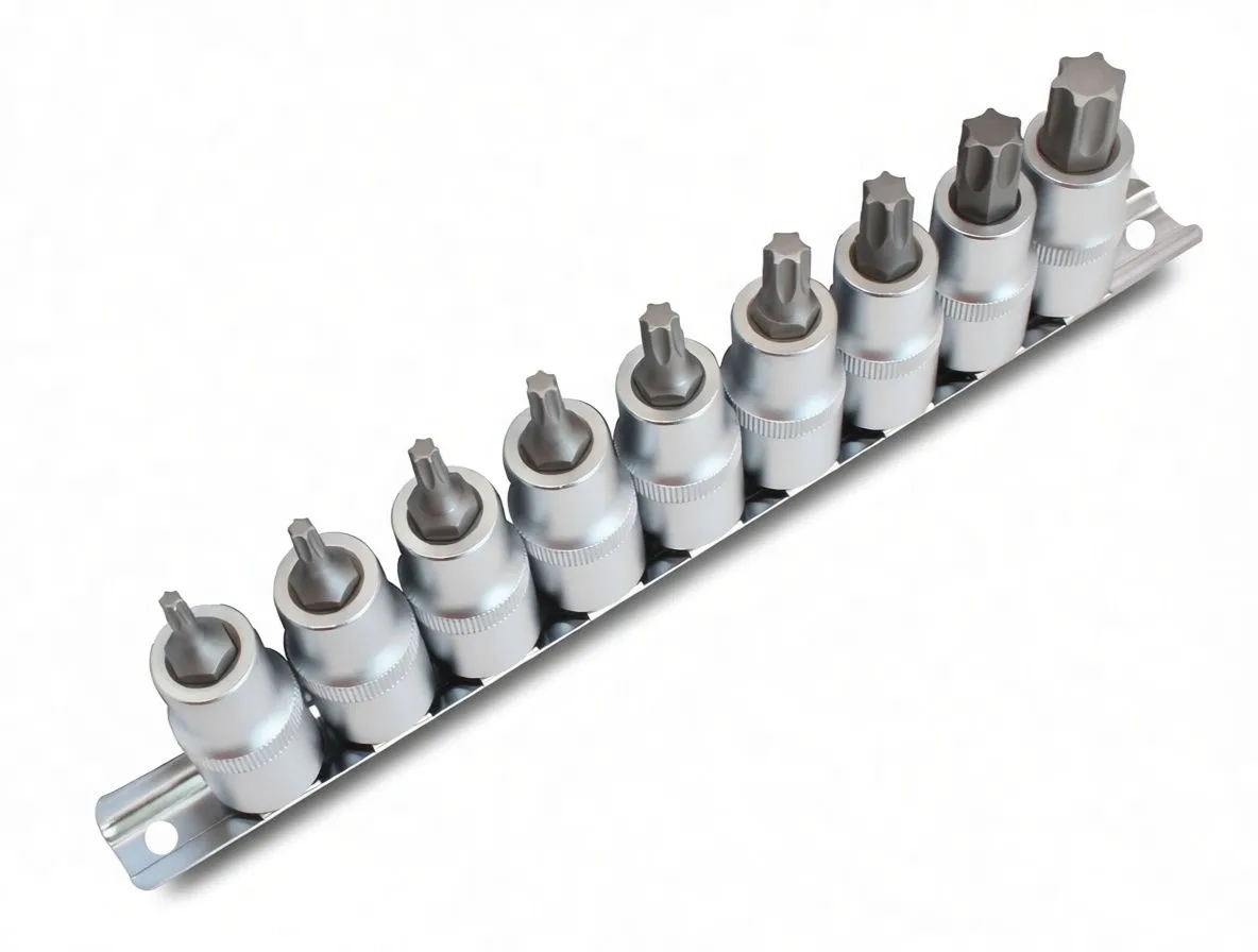 Horizontal metal rail with nine chrome screwdriver sockets fitted, star-shaped tips visible