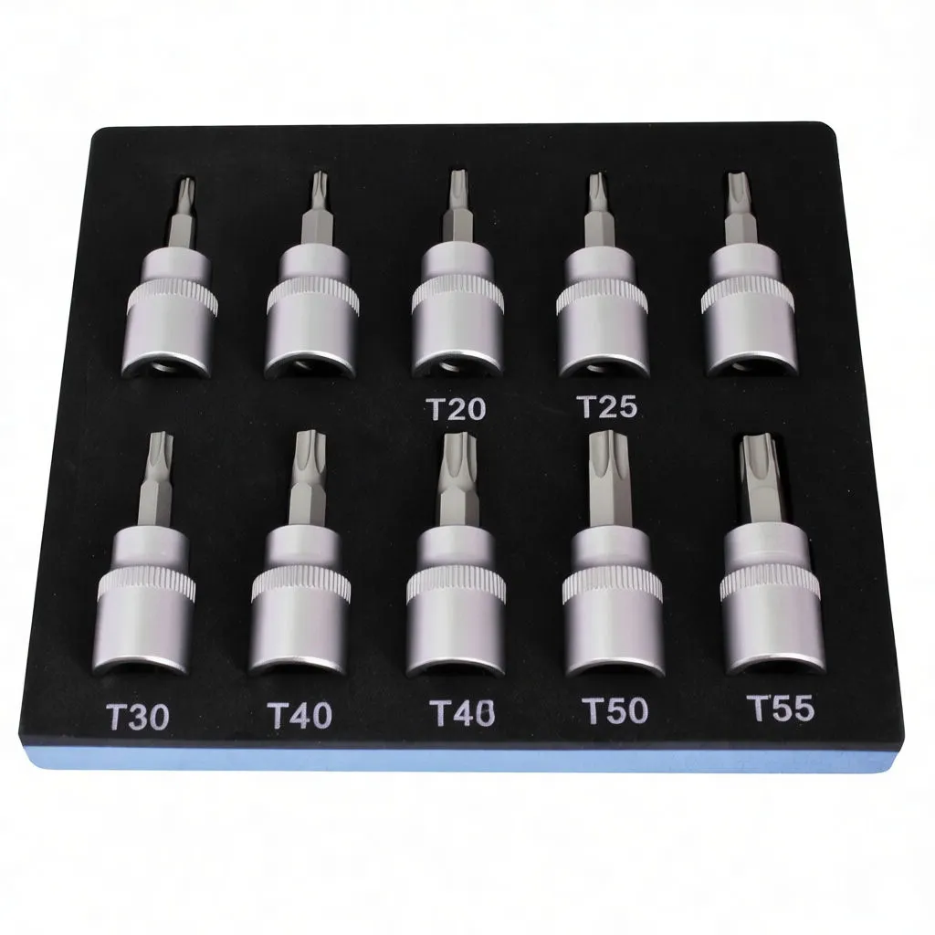 Angled view of 10-piece Torx socket bit set in black and blue foam tray showing chrome sockets and size labels