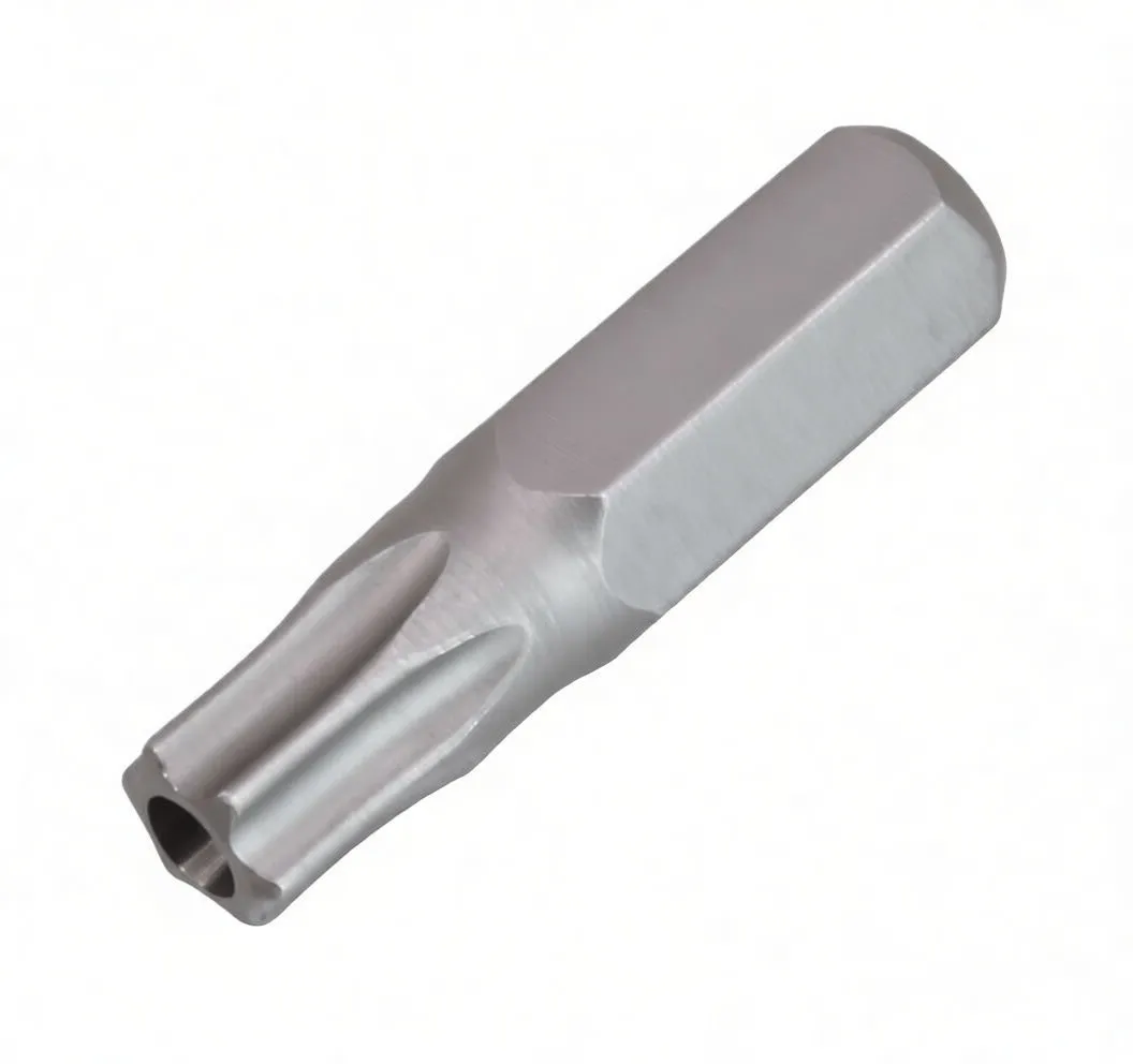 Side photo of short 1/4" hex Torx bit with ASTA logo, flat shank end and short T30 tip